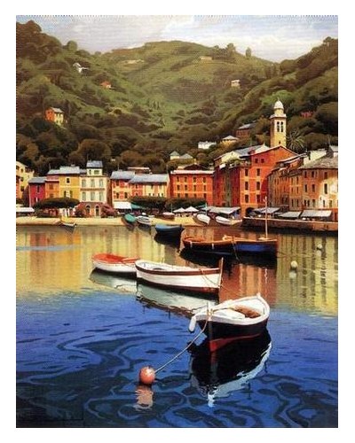 ציור שמן סירות דייג עוגנות במעגן למרגלות הרים